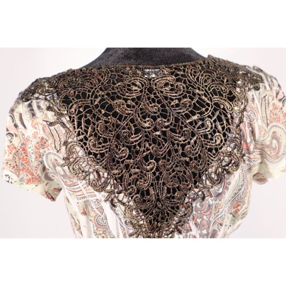 Apt. 9 Petite PM Boho Paisley Lace Back Blouse with Beaded V-Neckline & Elastic - Picture 6 of 12